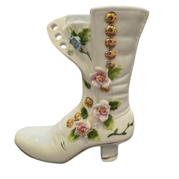Vintage Ceramic Victorian Style Boot Vase With Floral & Gold Button Detailing - Picture 1 of 8